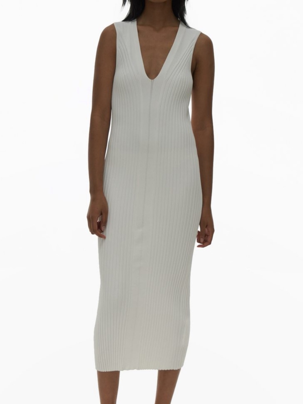 Helmut Lang Sleeveless V-Neck Ribbed Midi Dress in White
